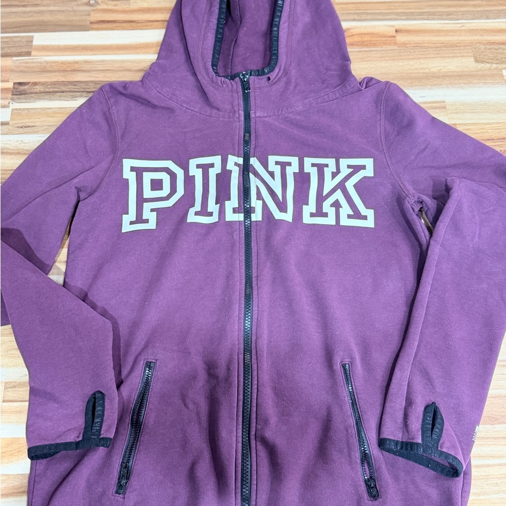 PINK Zip-Up Hoodie in Plum with White Logo size medium